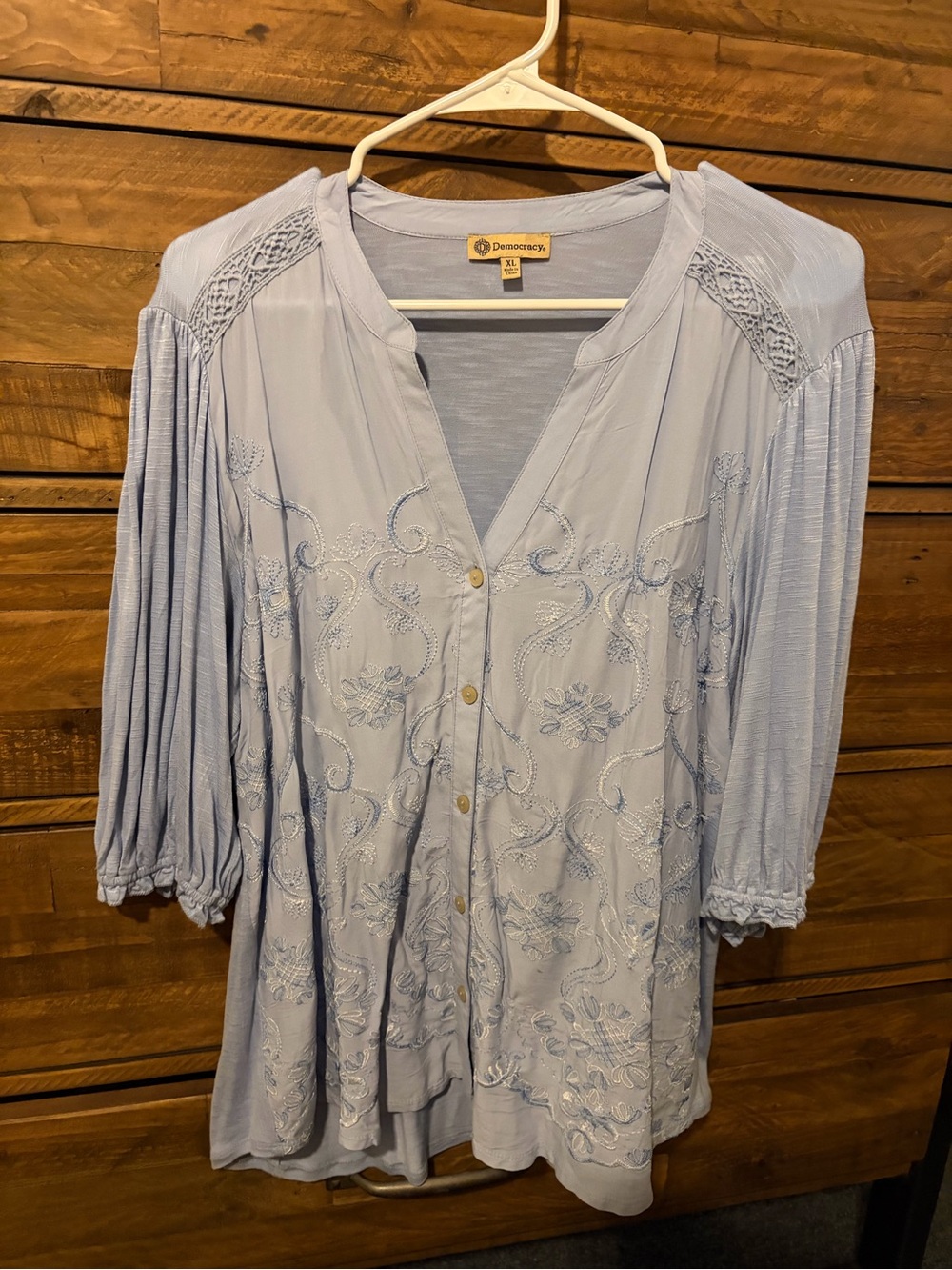 Democracy Pale Blue Embroidered Button-Front Peasant Top